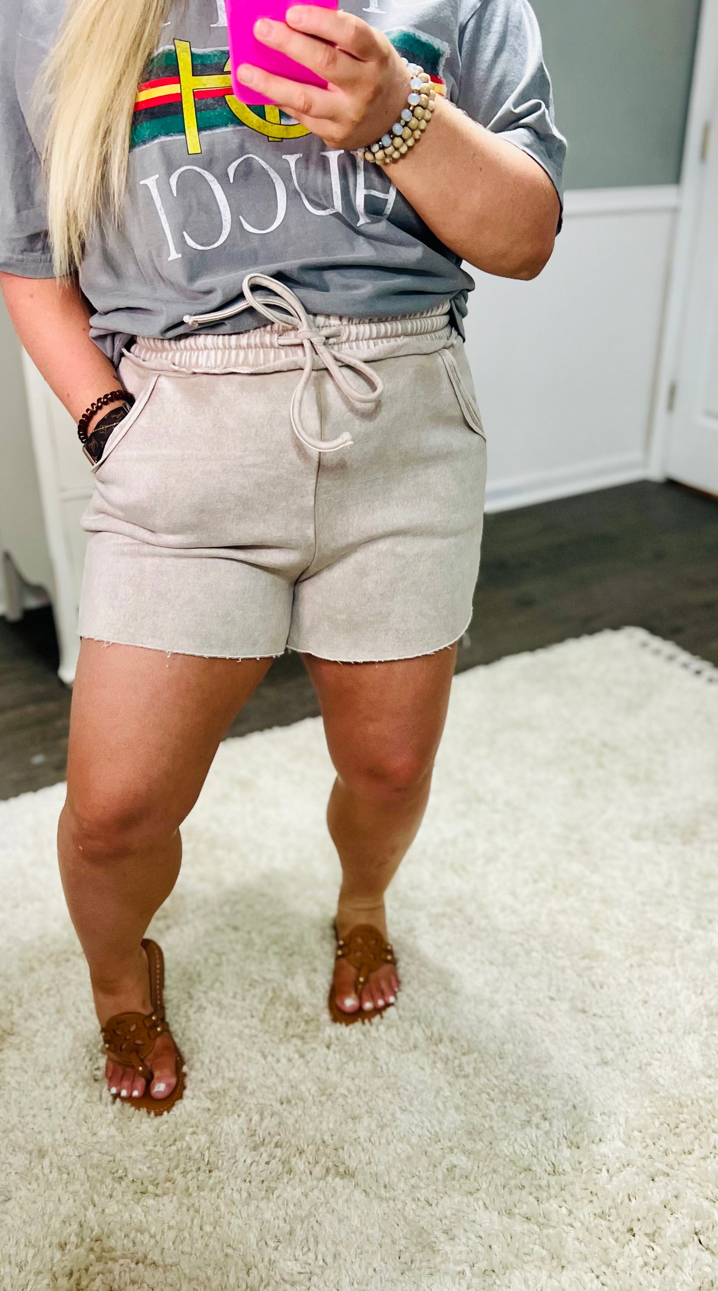 Acid Wash Fleece Drawstring Shorts with Pockets in Ash Mocha