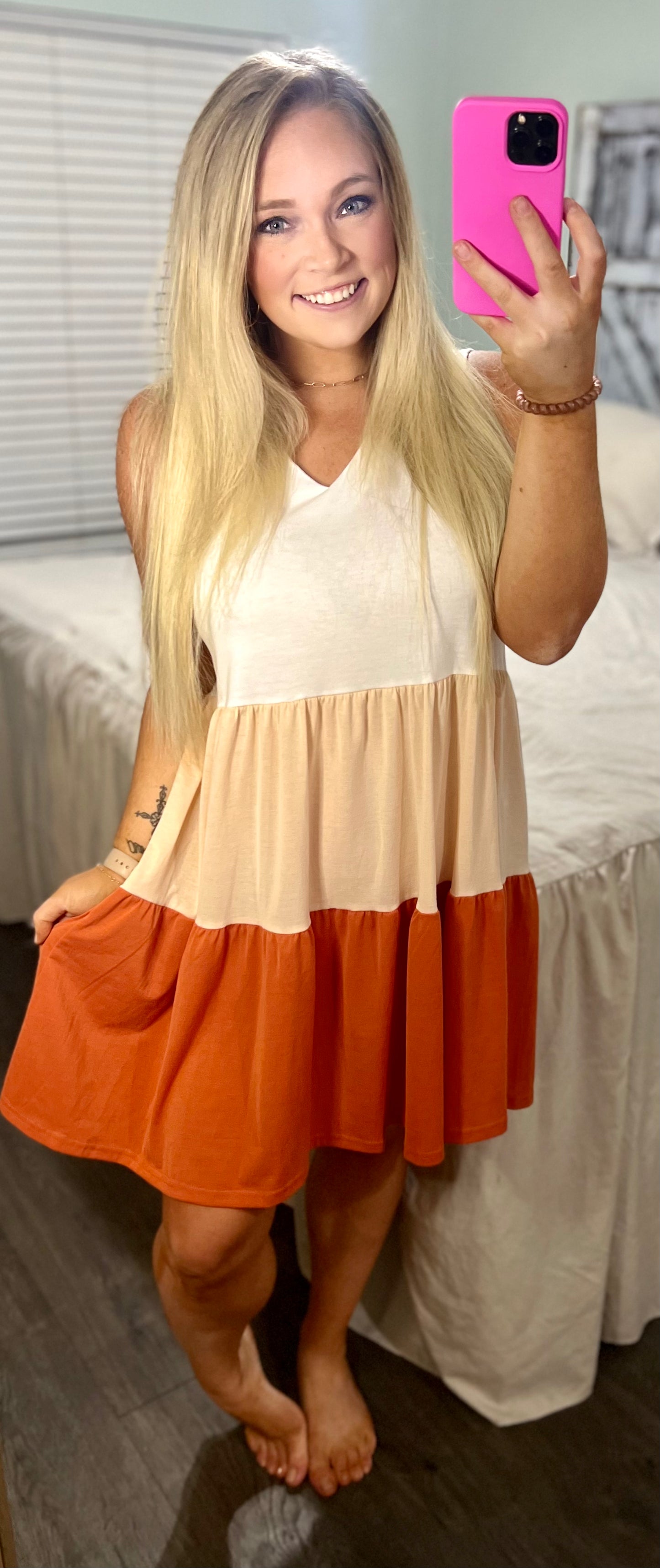 White, Peach, Rust Color Block Dress