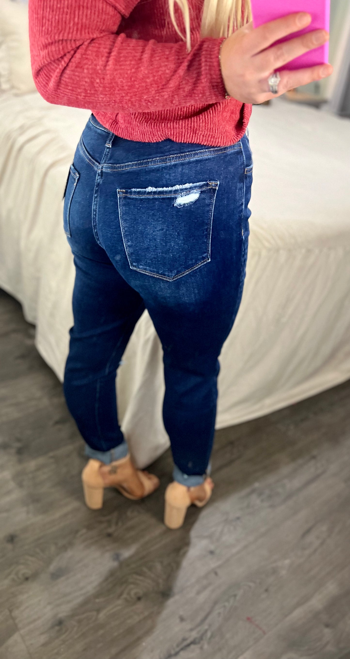 Distressed Roll Up Stretch Mom Jeans