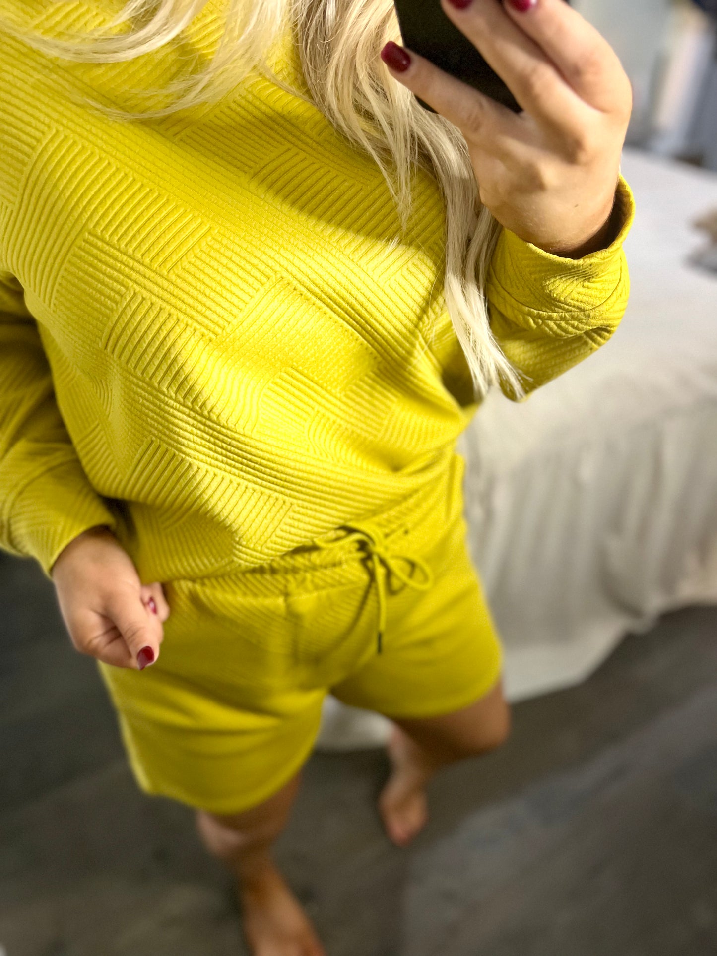 Double Take Full Size Texture Long Sleeve Top and Drawstring Shorts Set