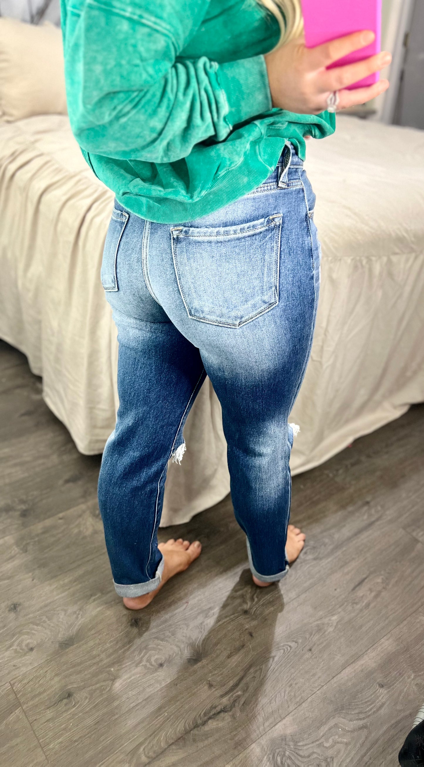 High Rise Hem Detail Slim Straight Jeans