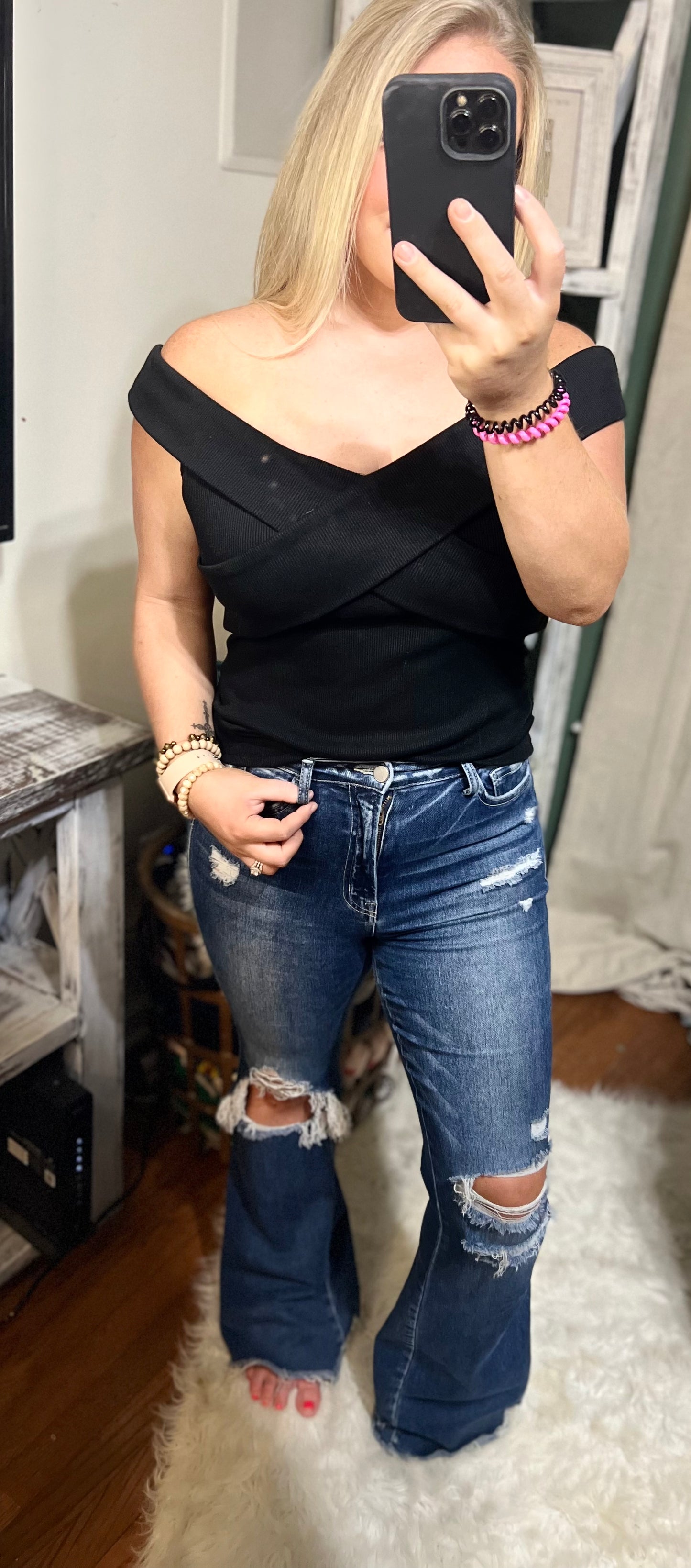 Black Wrap Off Shoulder Ribbed Top