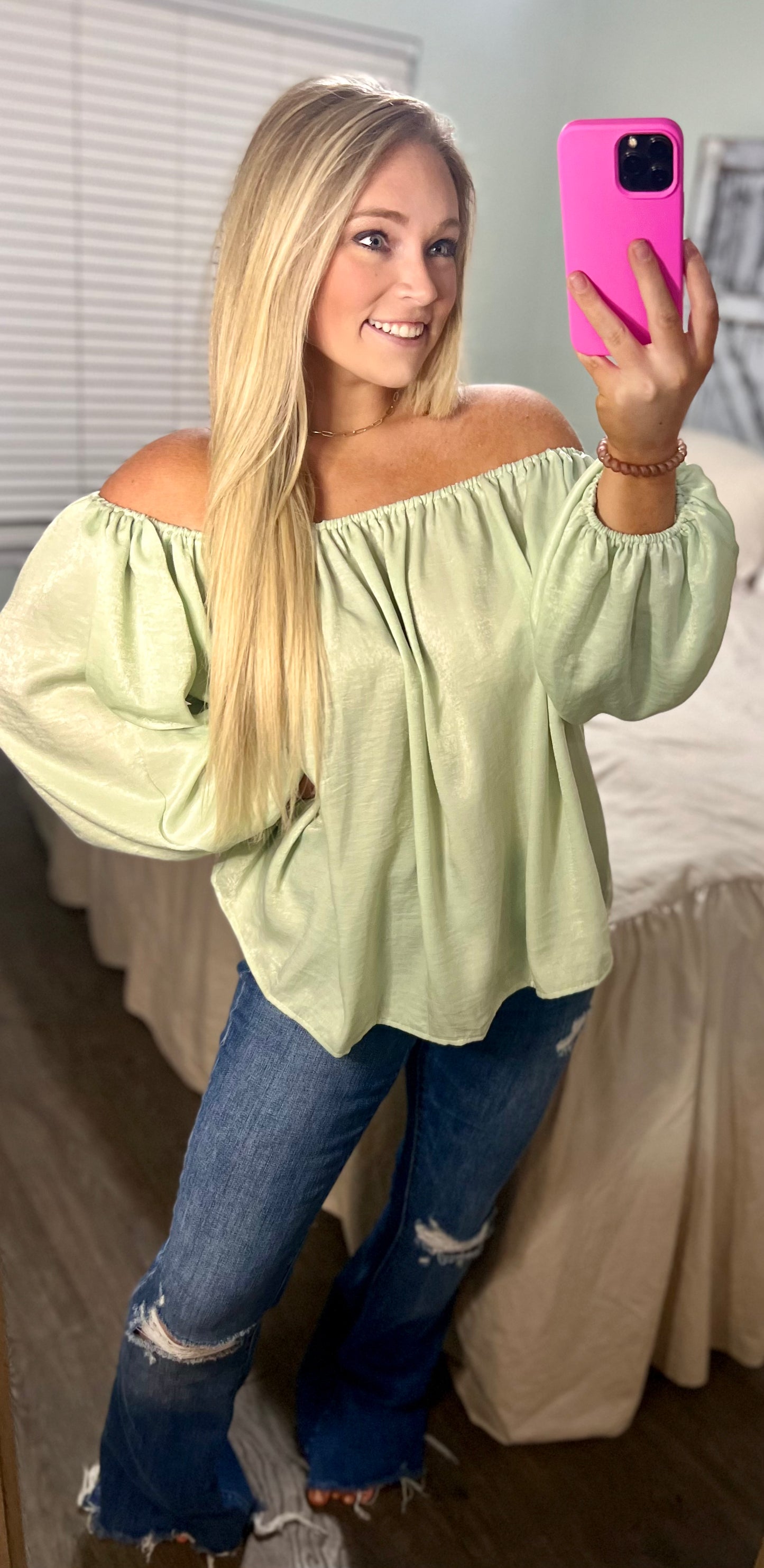 Chasing Fame Satin Off the Shoulder Top - Mint