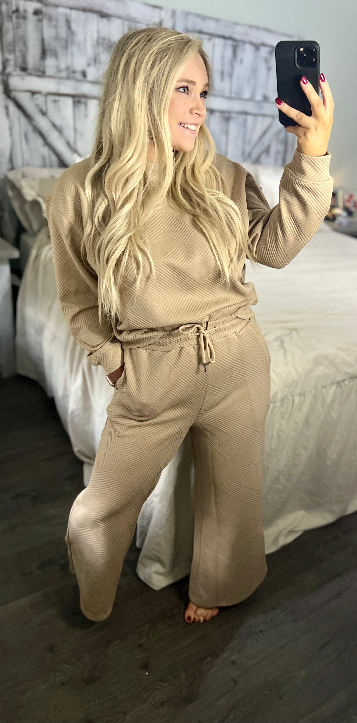 Double Take Full Size Textured Long Sleeve Top and Drawstring Pants Set