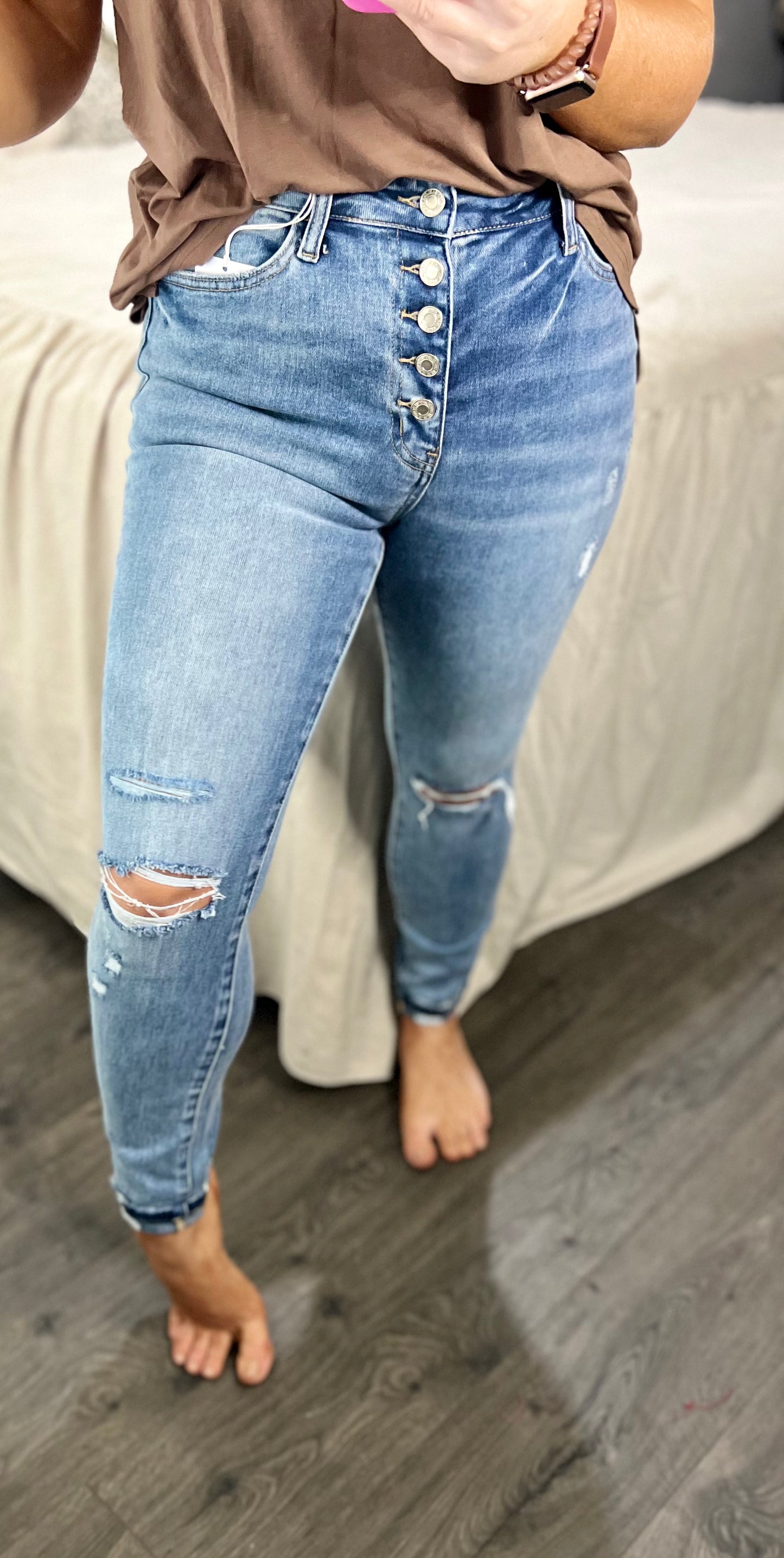 High Rise Button Up Ankle Skinny w/ Cuff
