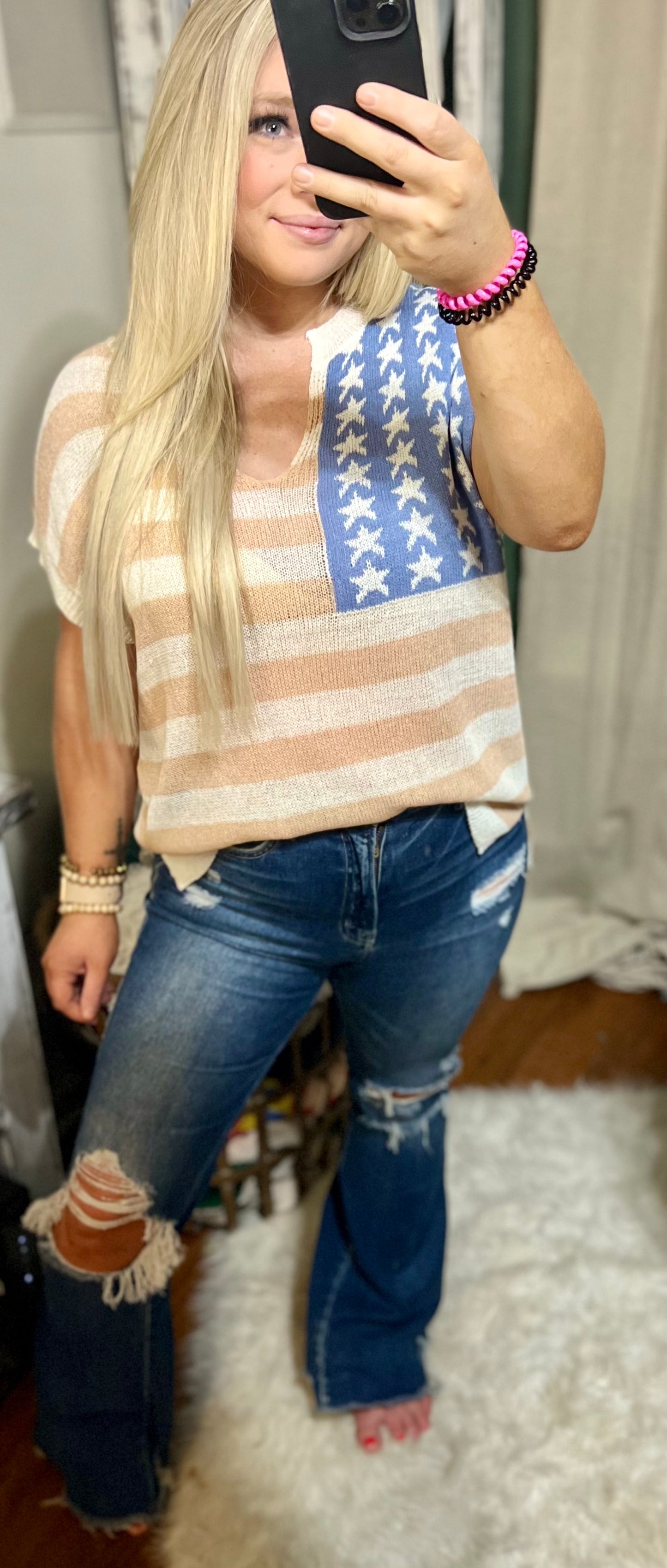 American Flag Vneck Woven Top