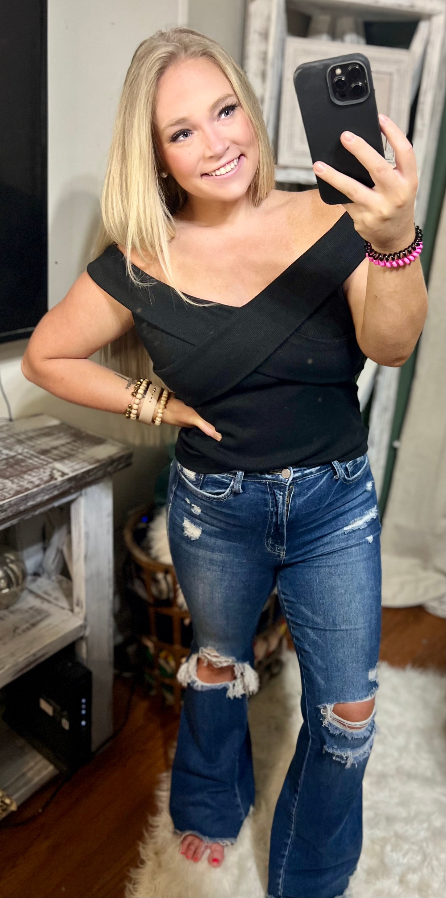 Black Wrap Off Shoulder Ribbed Top