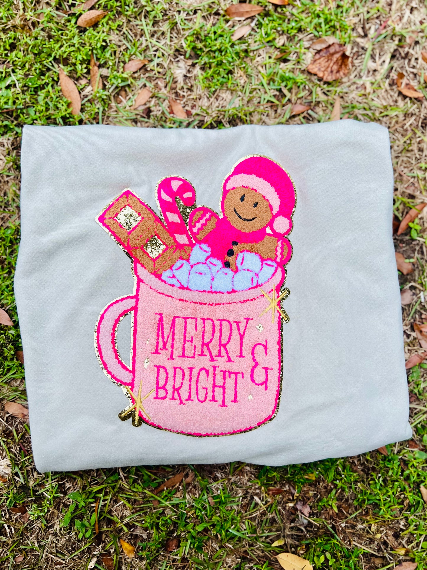 Preppy Pink Hot Coco Christmas Mug Chenille Patch Sweatshirt