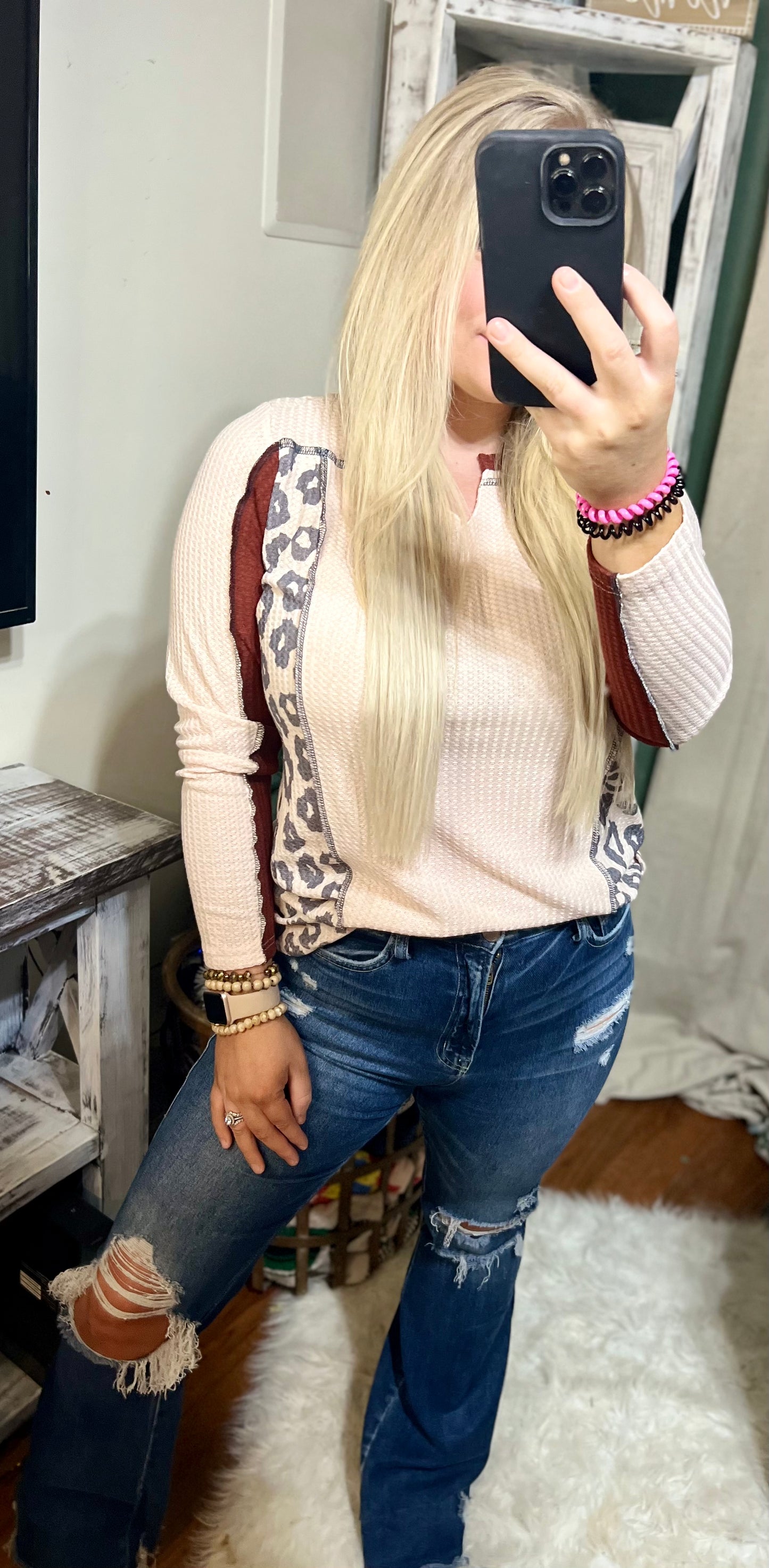 Cheetah & Rust Trimmed Waffle Top
