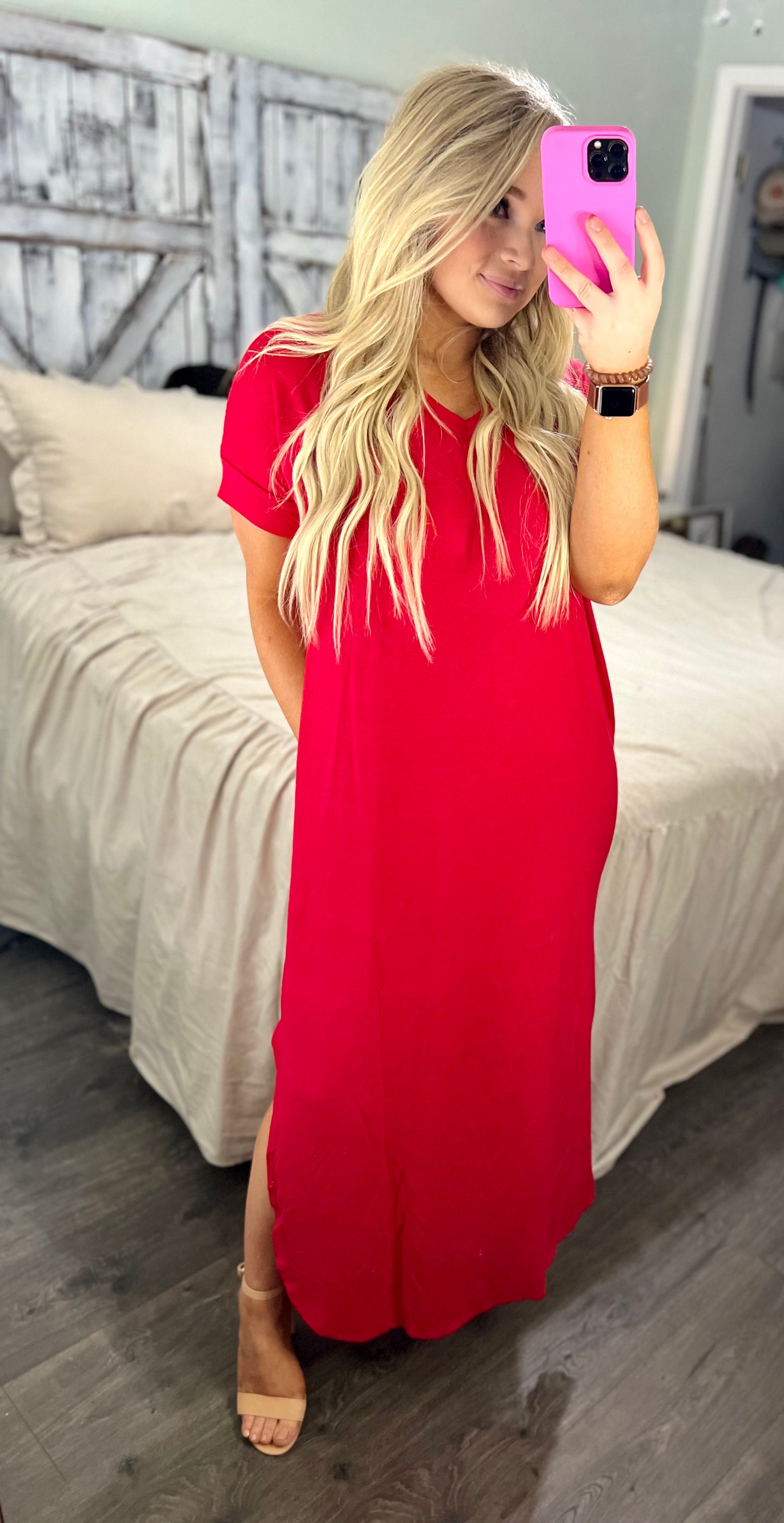 Viscose Fabric V-Neck Short Sleeve Maxi Dress
