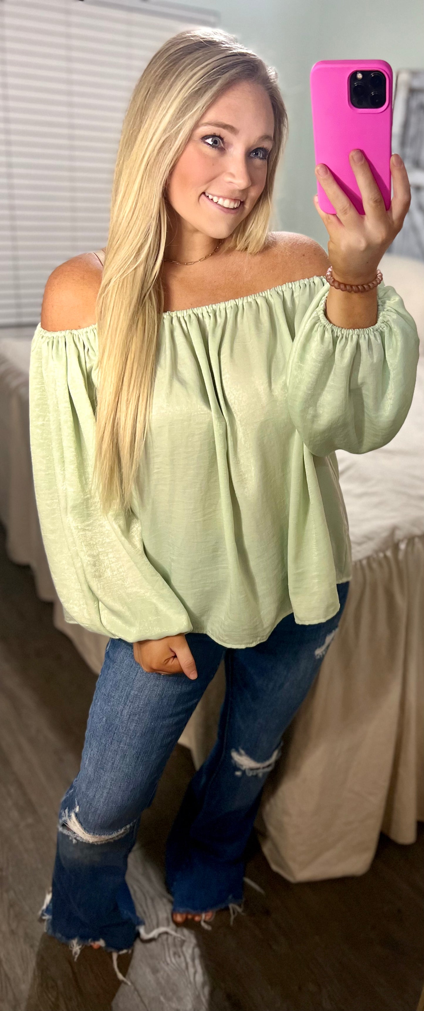 Chasing Fame Satin Off the Shoulder Top - Mint