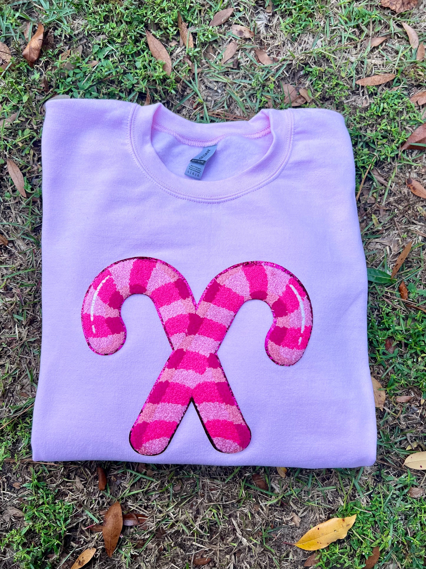 Preppy Pink Candy Cane Christmas Chenille Patch Sweatshirt