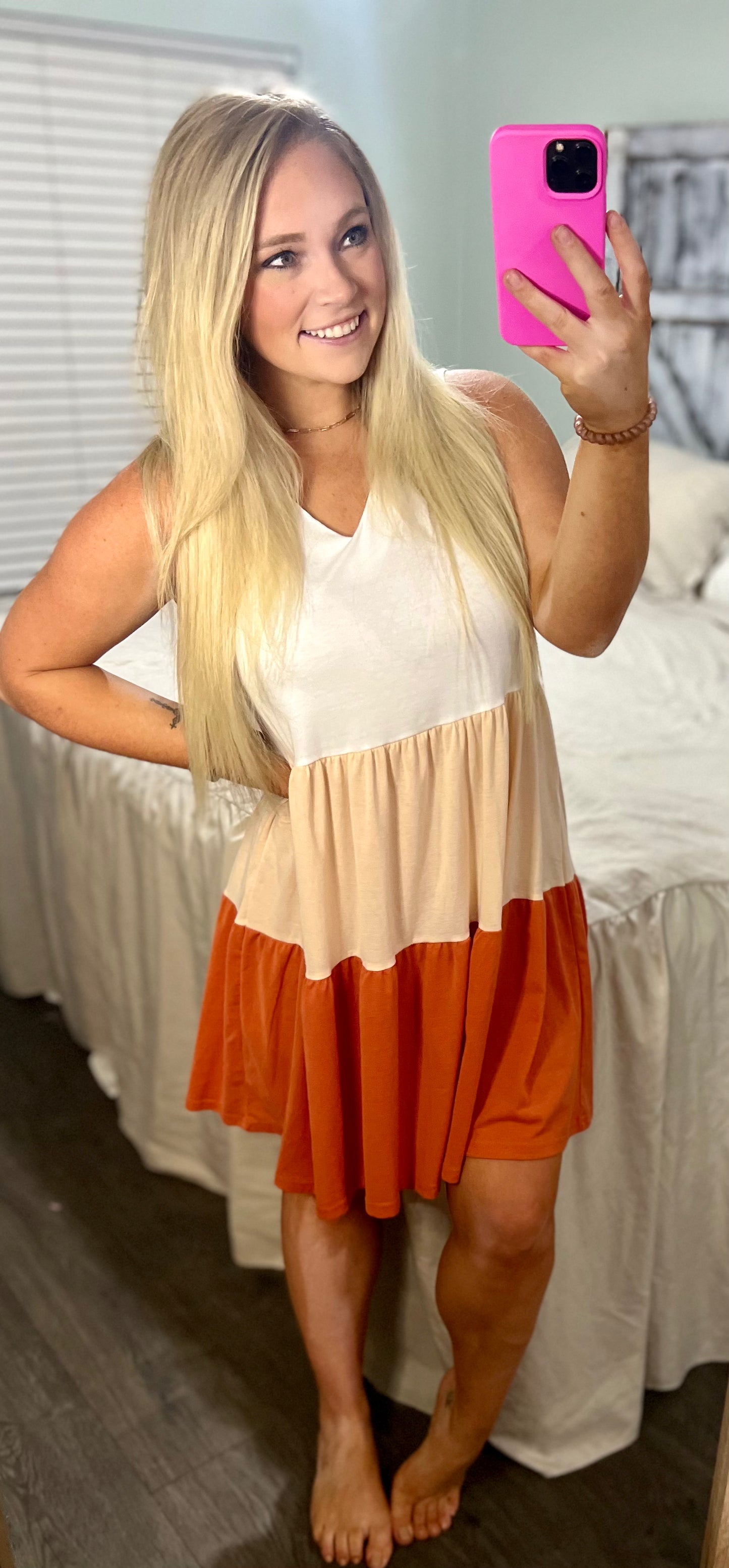 White, Peach, Rust Color Block Dress