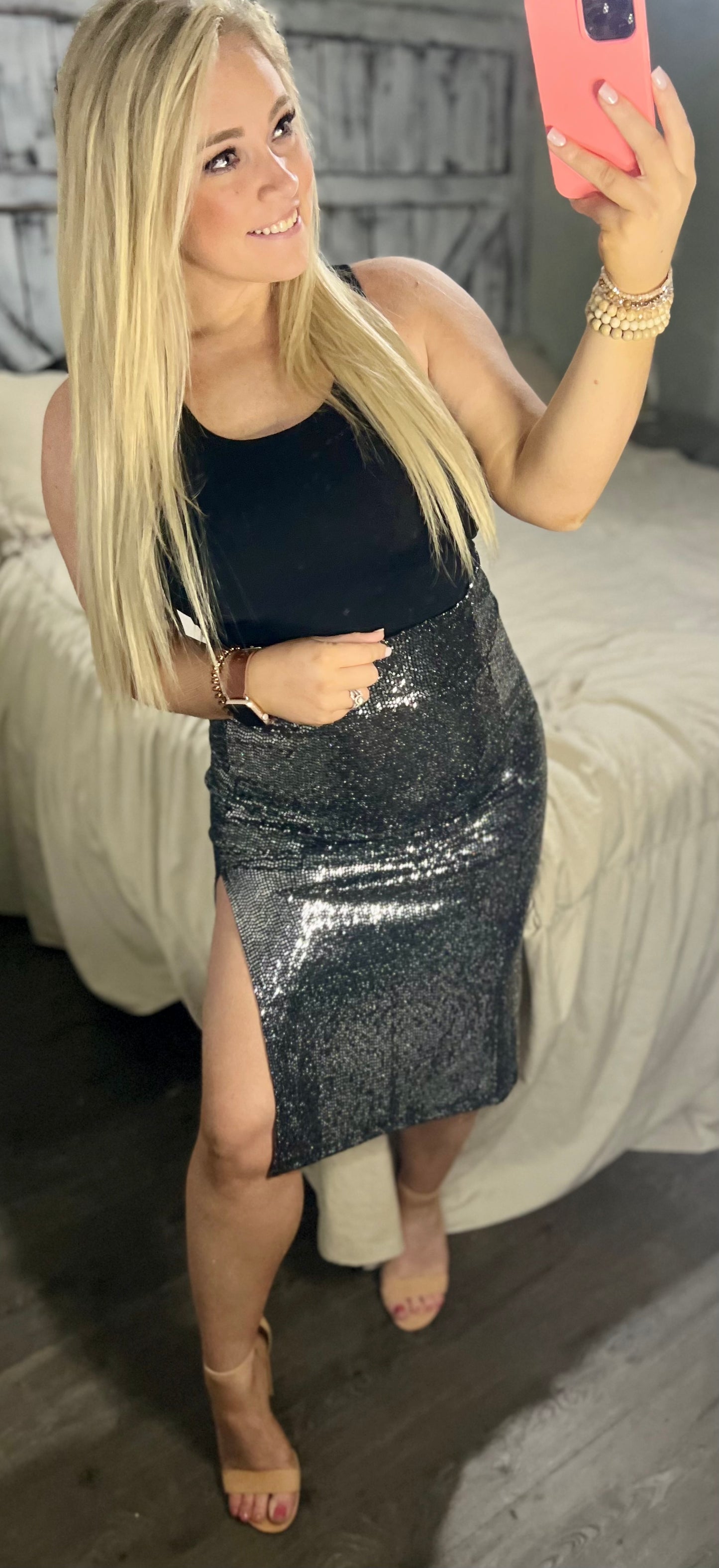 High Waist Sequin Skirt
