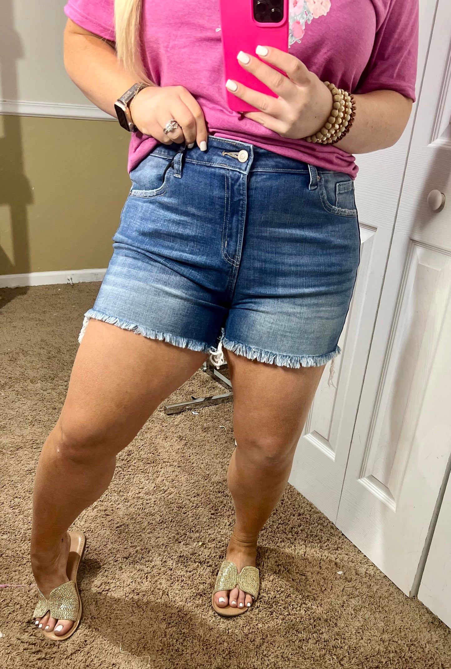 Zenana Mid Rise Raw Frayed Hem Denim Shorts