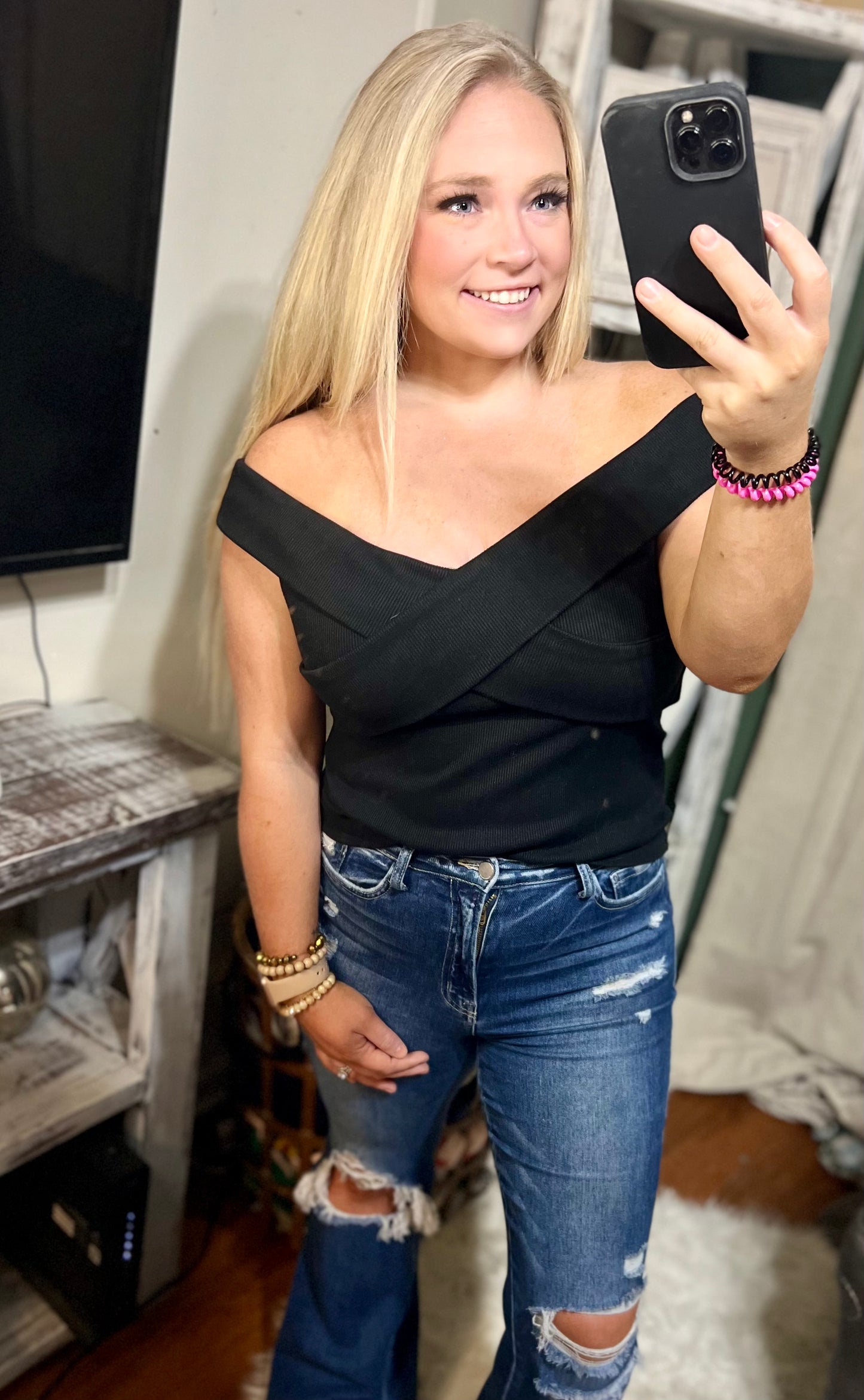 Black Wrap Off Shoulder Ribbed Top