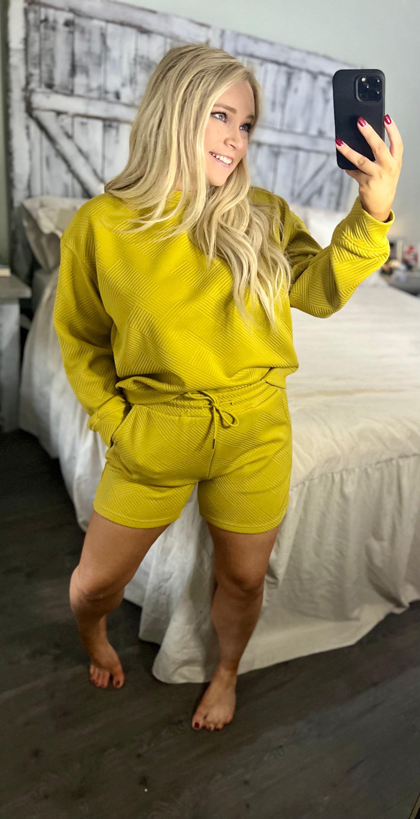 Double Take Full Size Texture Long Sleeve Top and Drawstring Shorts Set
