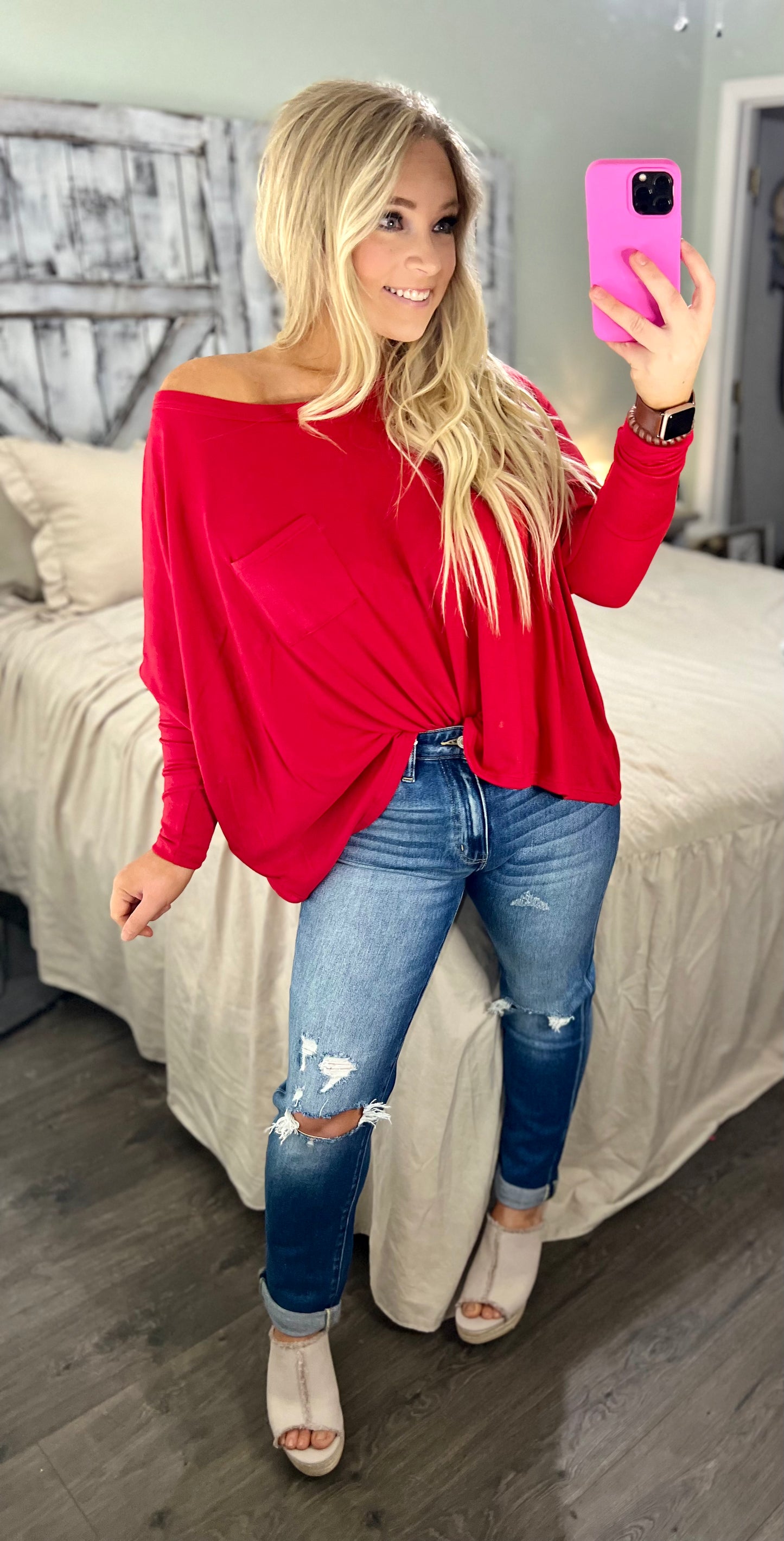 Dolman Sleeve Round Neck Top with Front Pocket