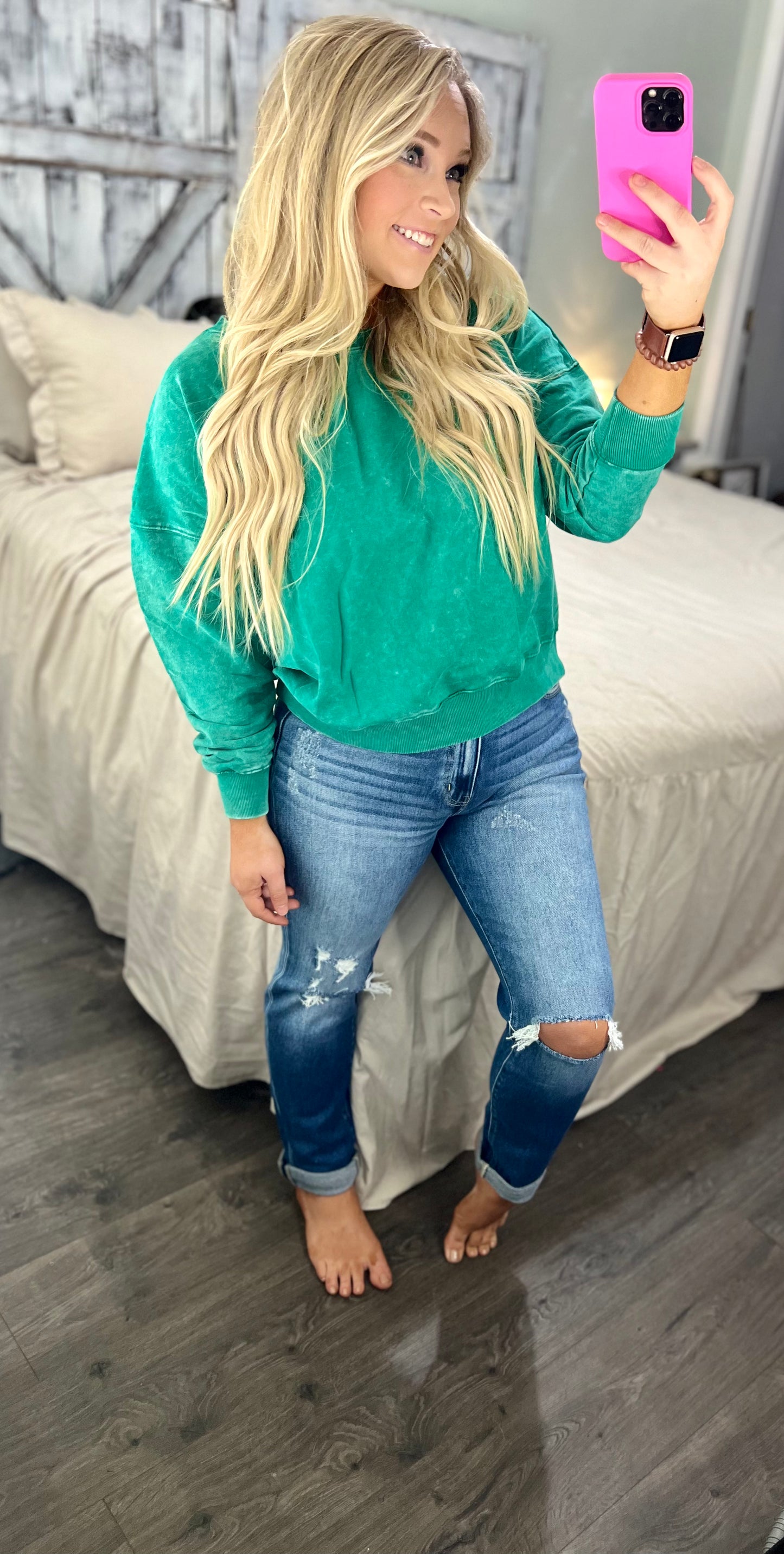 French Terry Acid Wash Boat Neck Pullover