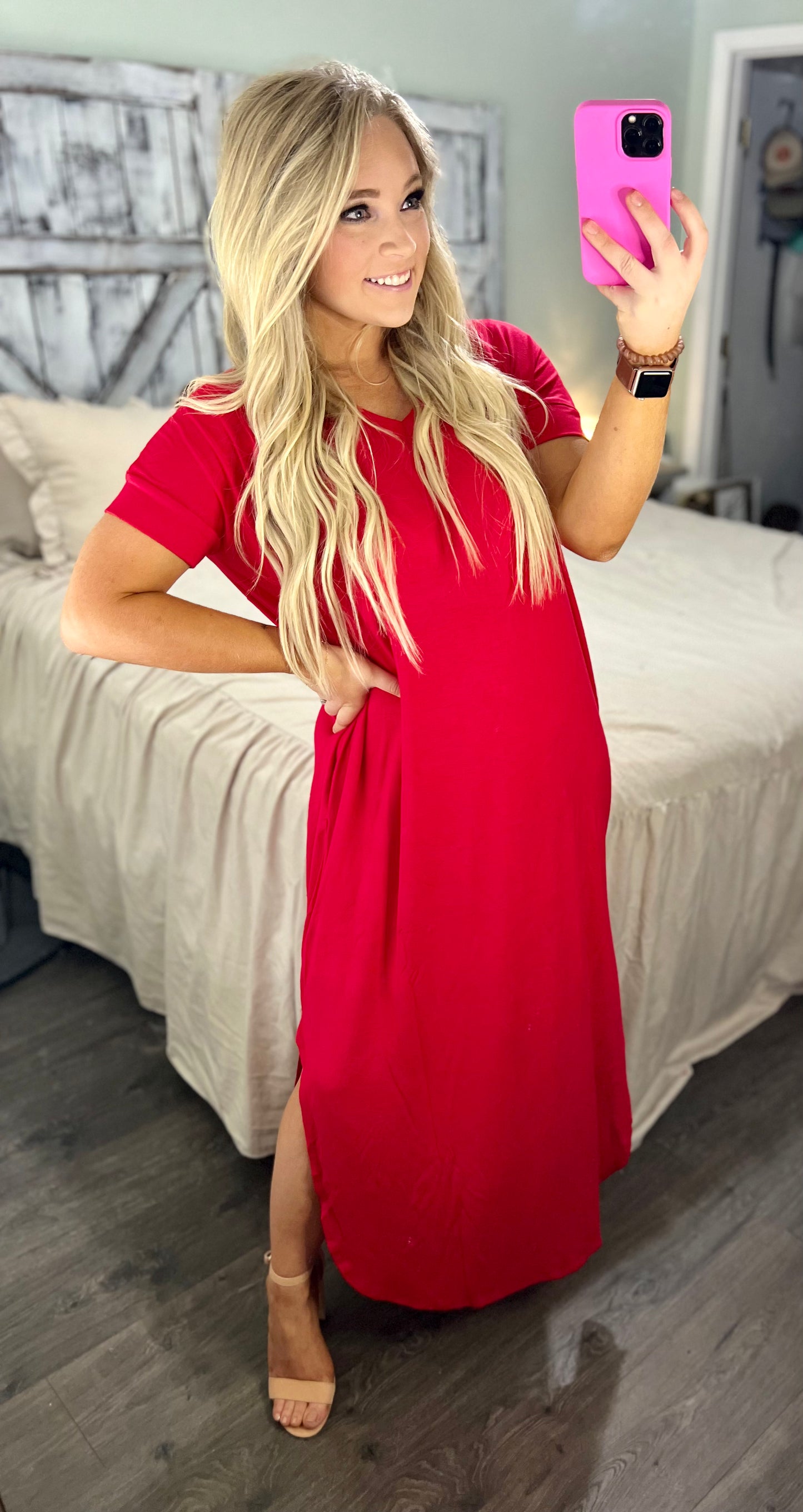Viscose Fabric V-Neck Short Sleeve Maxi Dress