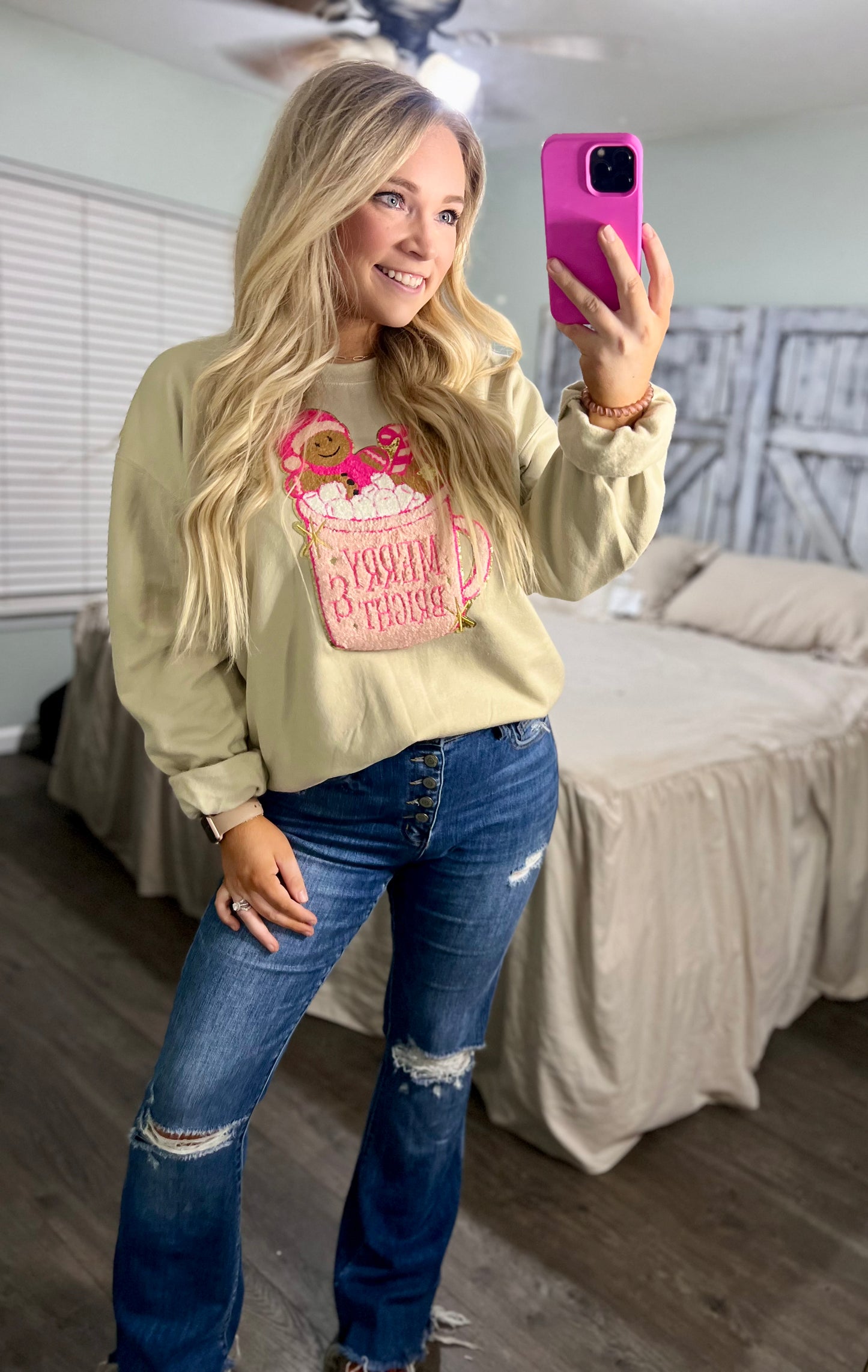 Preppy Pink Hot Coco Christmas Mug Chenille Patch Sweatshirt