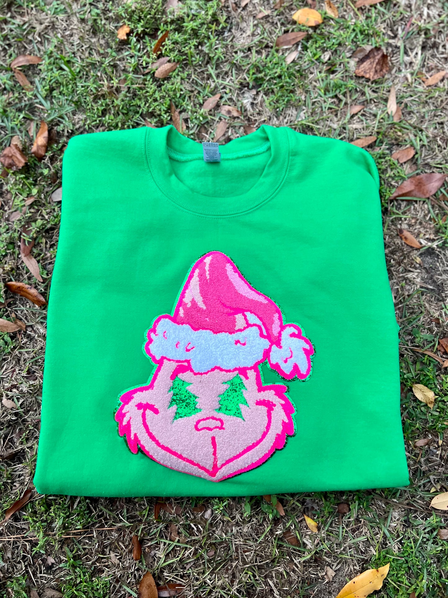 Preppy Pink Grinch Green Classic Christmas Chenille Patch Sweatshirt