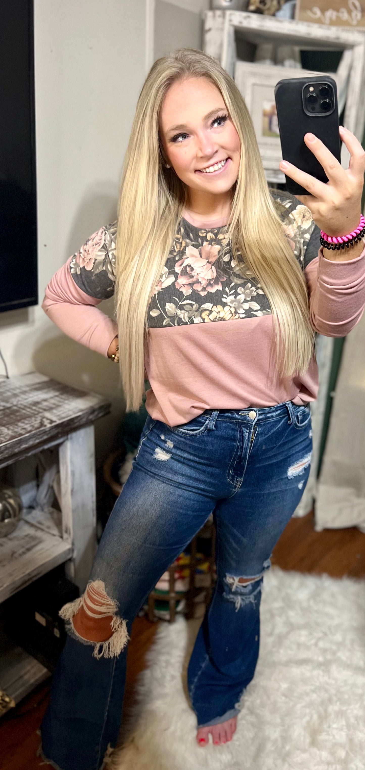 Floral Mauve Block Long Sleeve Top