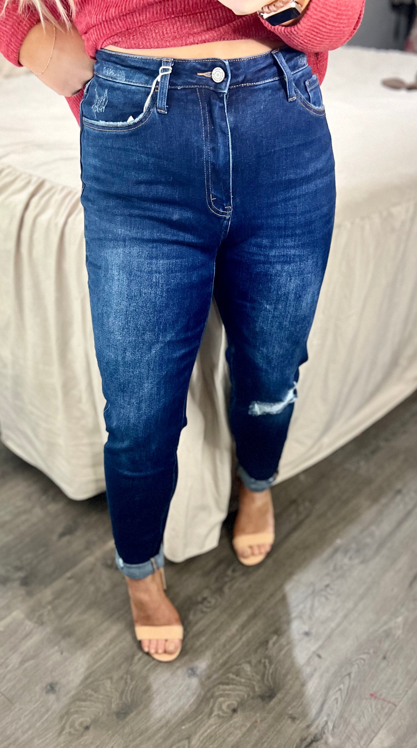 Distressed Roll Up Stretch Mom Jeans