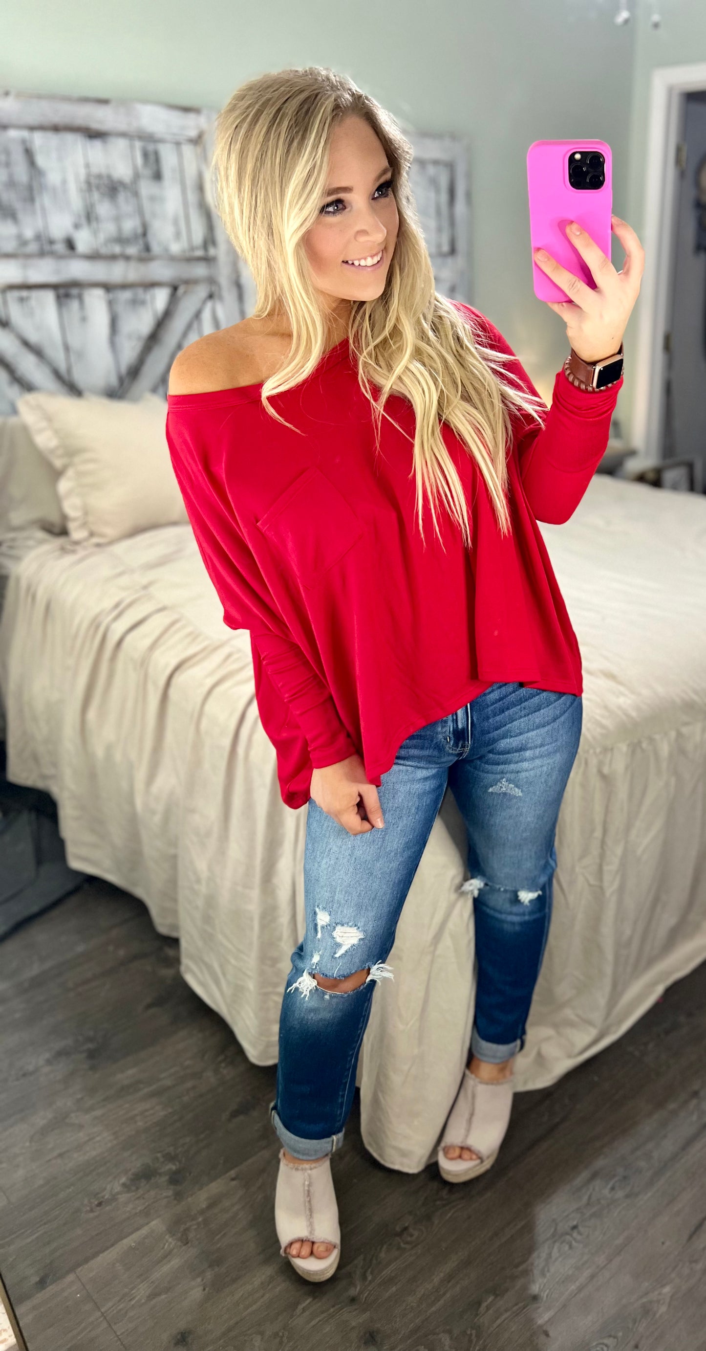 Dolman Sleeve Round Neck Top with Front Pocket