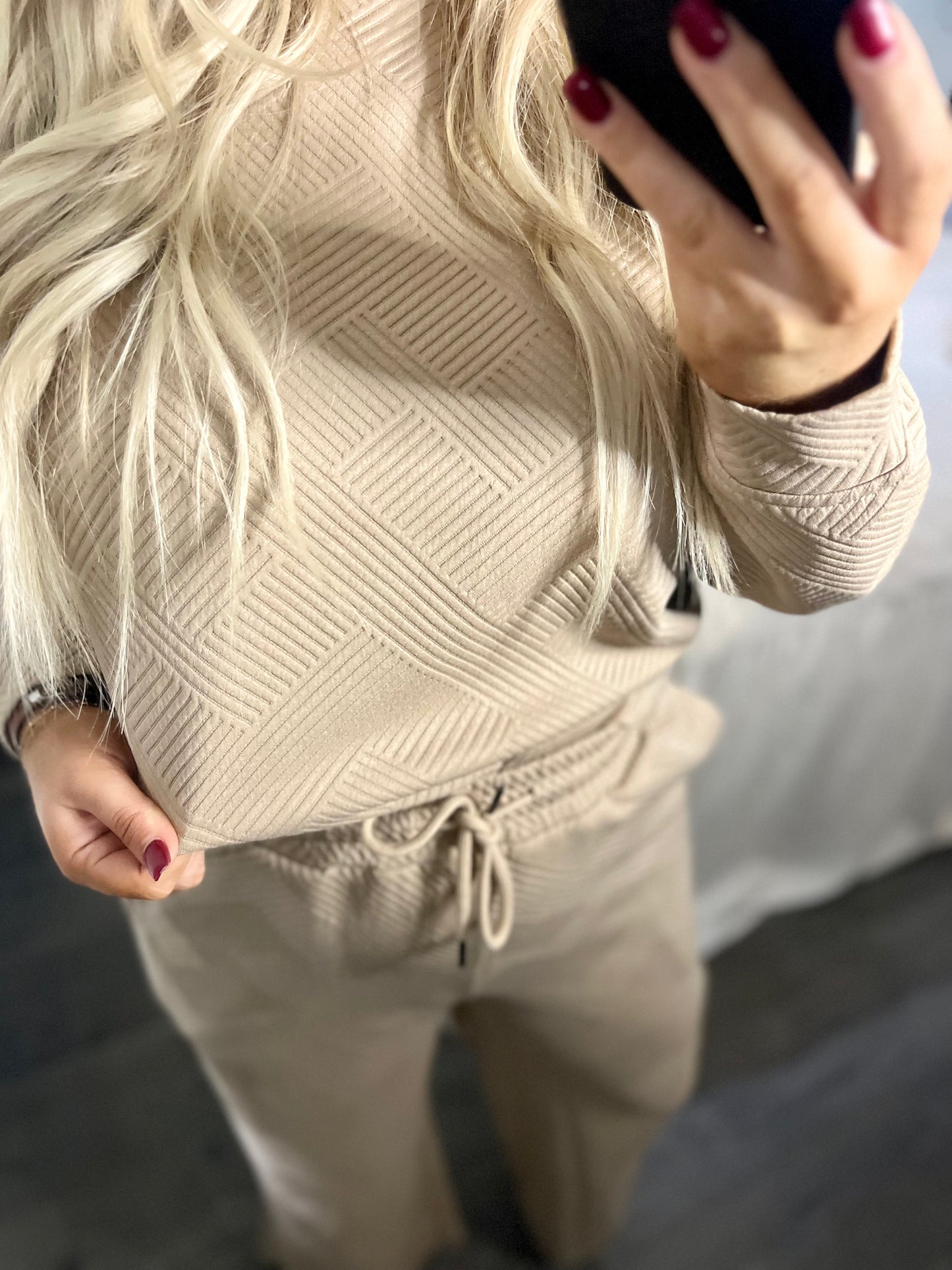 Double Take Full Size Textured Long Sleeve Top and Drawstring Pants Set