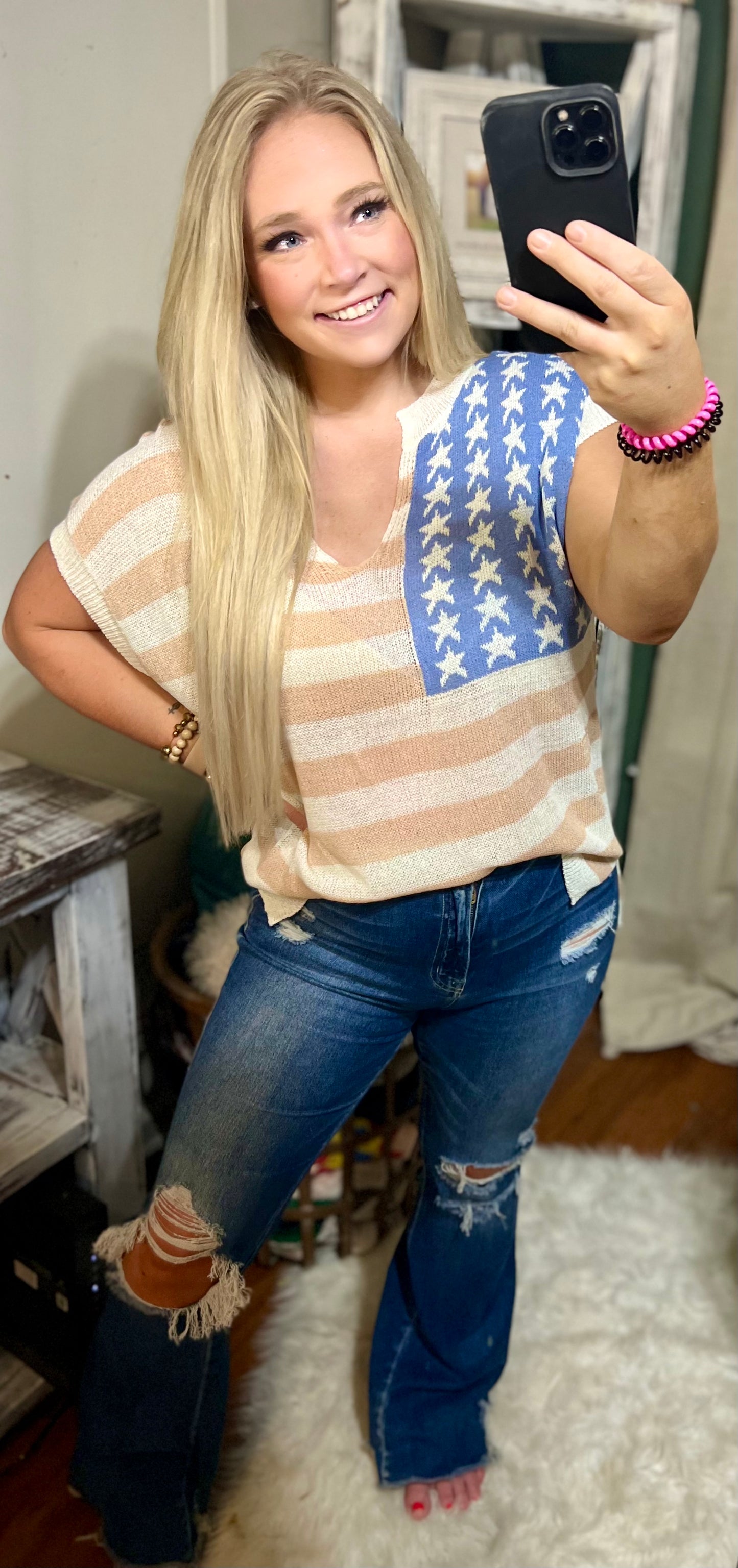 American Flag Vneck Woven Top