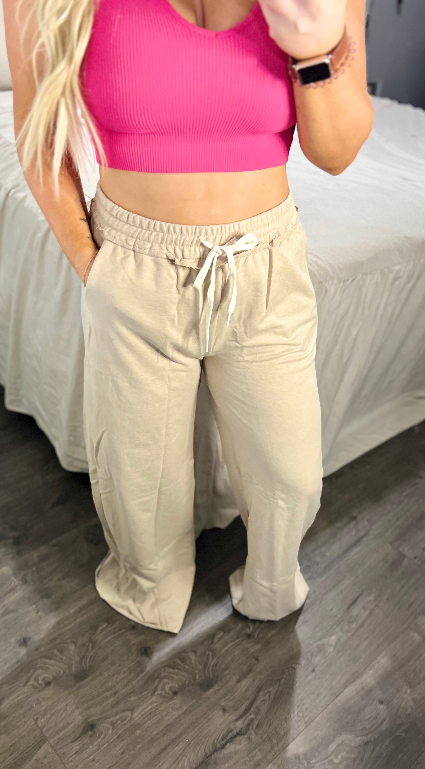 French Terry Drawstring Waist Raw Edge Hem Pants