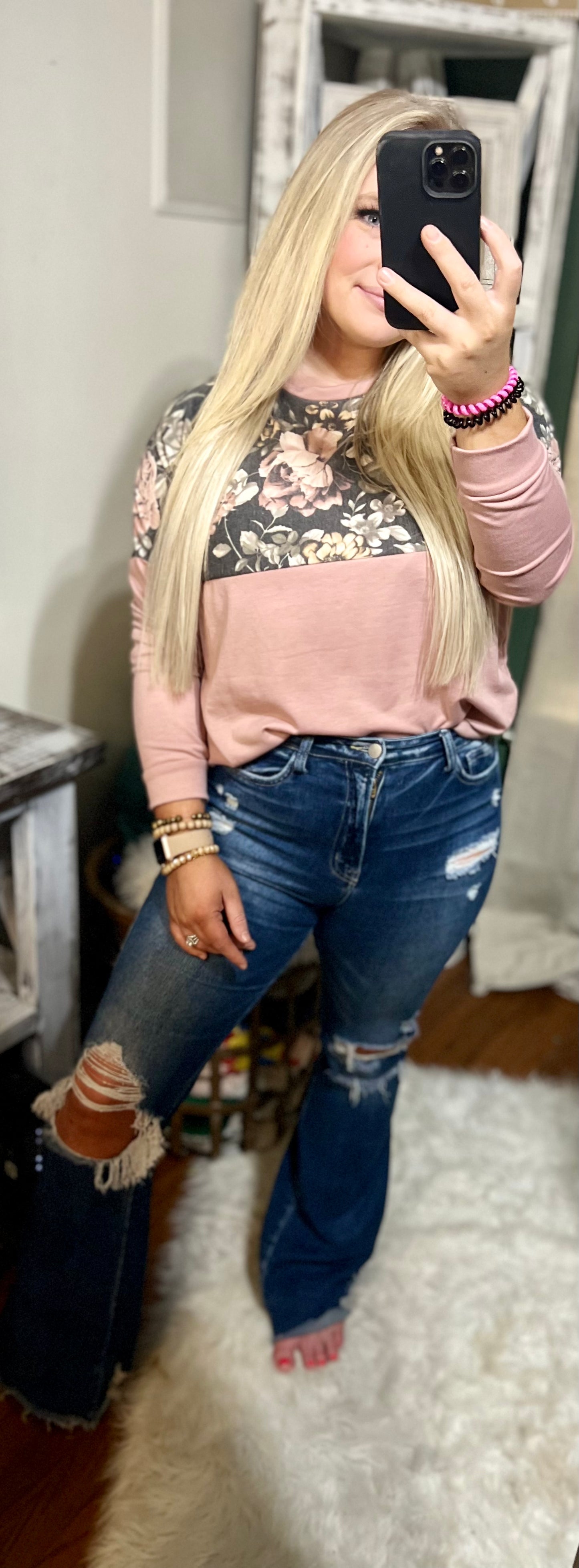Floral Mauve Block Long Sleeve Top