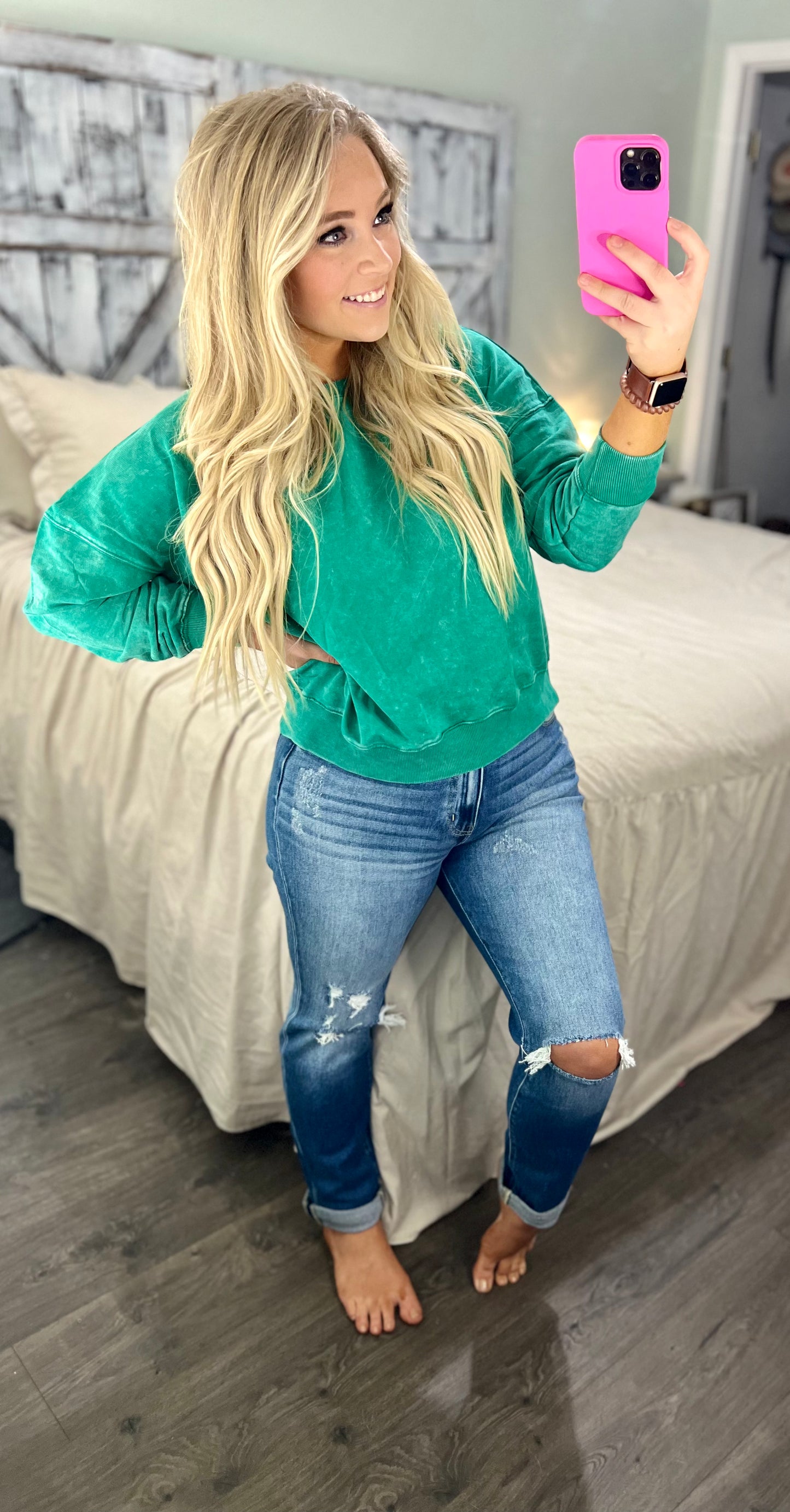 French Terry Acid Wash Boat Neck Pullover