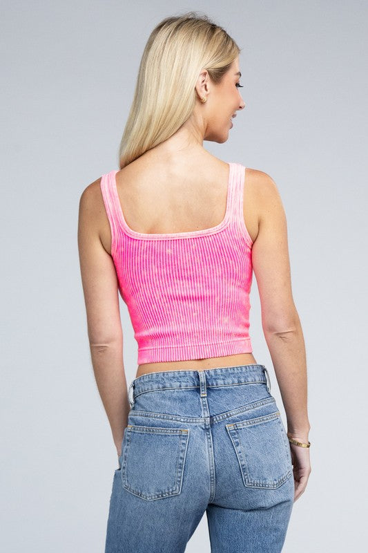 2-Way Neckline Washed Ribbed Cropped Tank Top