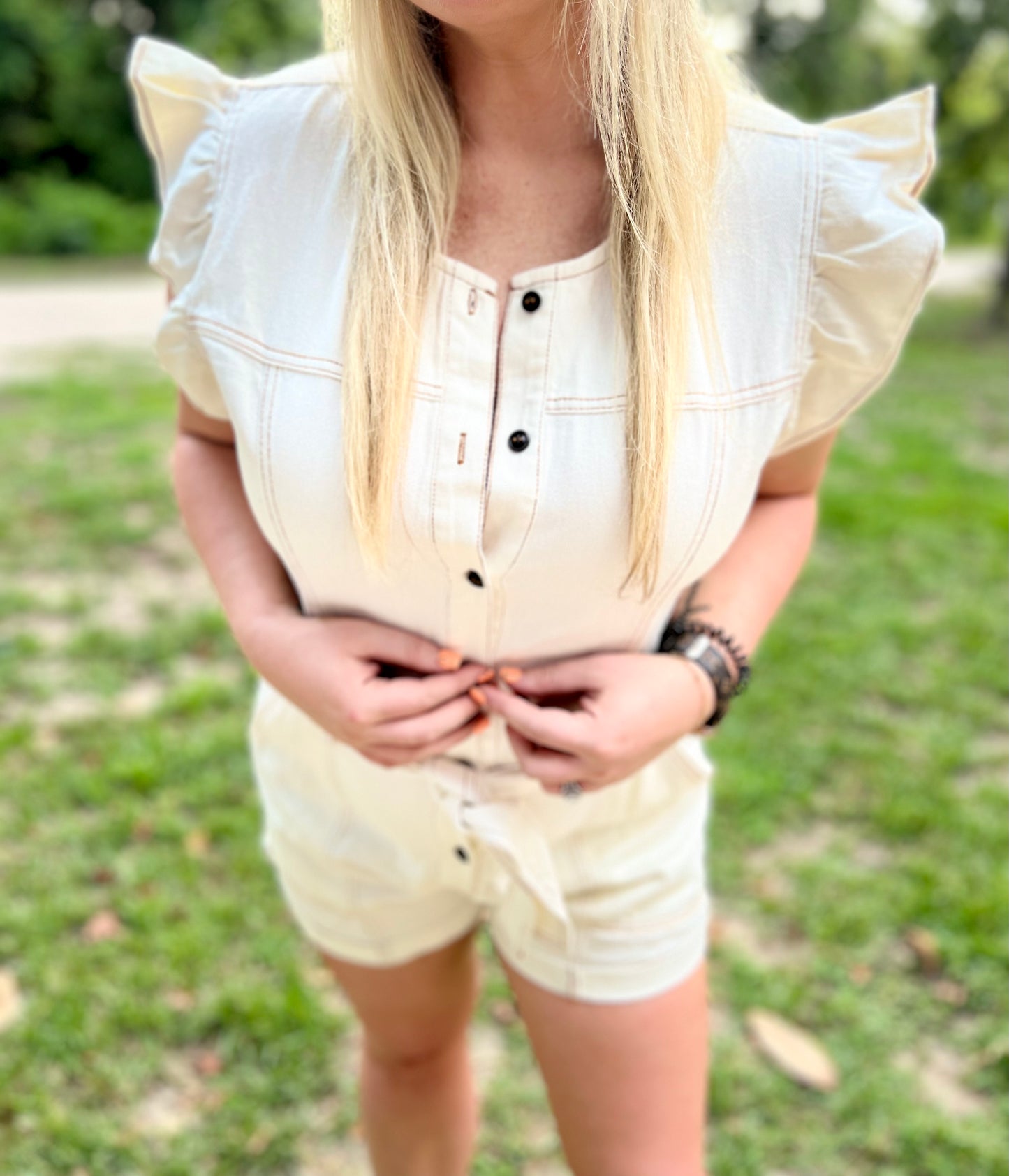 Emmy Ivory Denim Romper