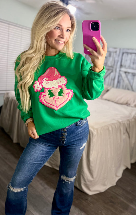 Preppy Pink Grinch Green Classic Christmas Chenille Patch Sweatshirt