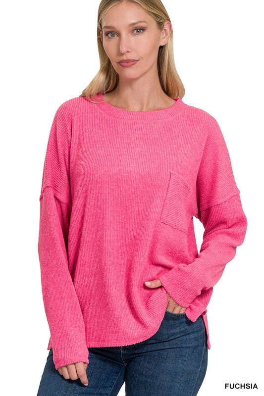 Ribbed Brushed Melange Hacci Sweater with a Pocket