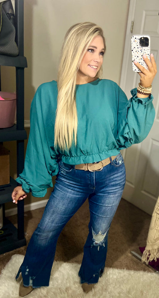 Winging It Ruffle Detail Top in Teal