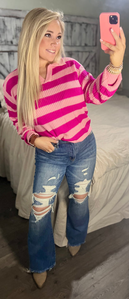 Striped Knit Collared Pullover Sweater