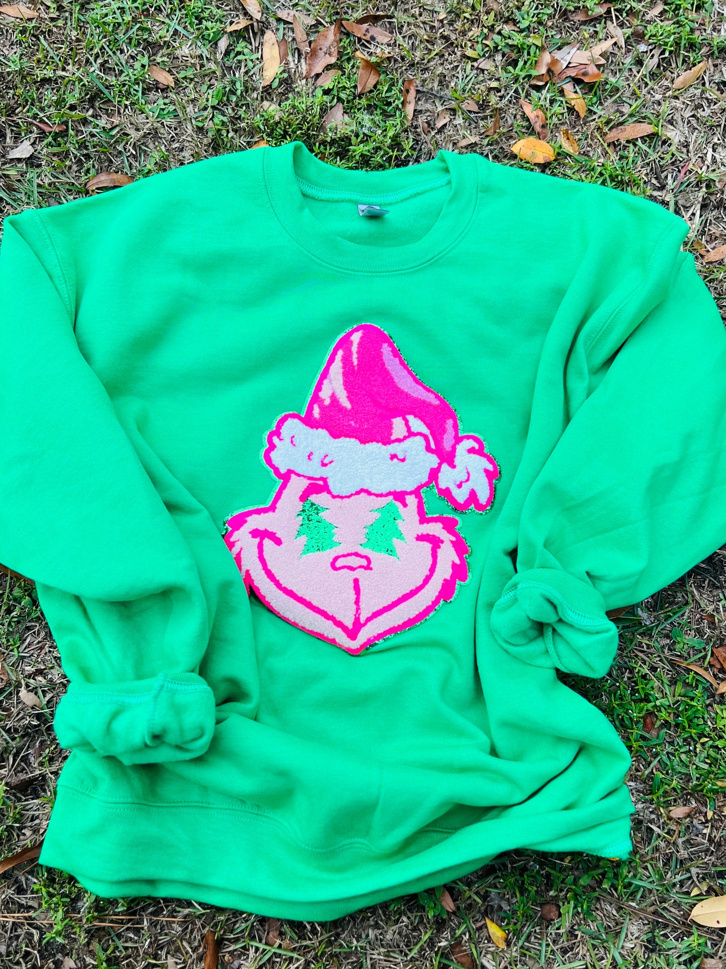Preppy Pink Grinch Green Classic Christmas Chenille Patch Sweatshirt