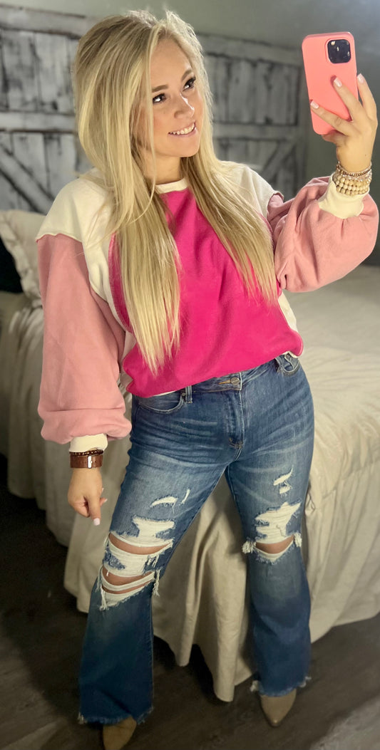 Barbie pink Casual Seam out Pullover Sweatshirt