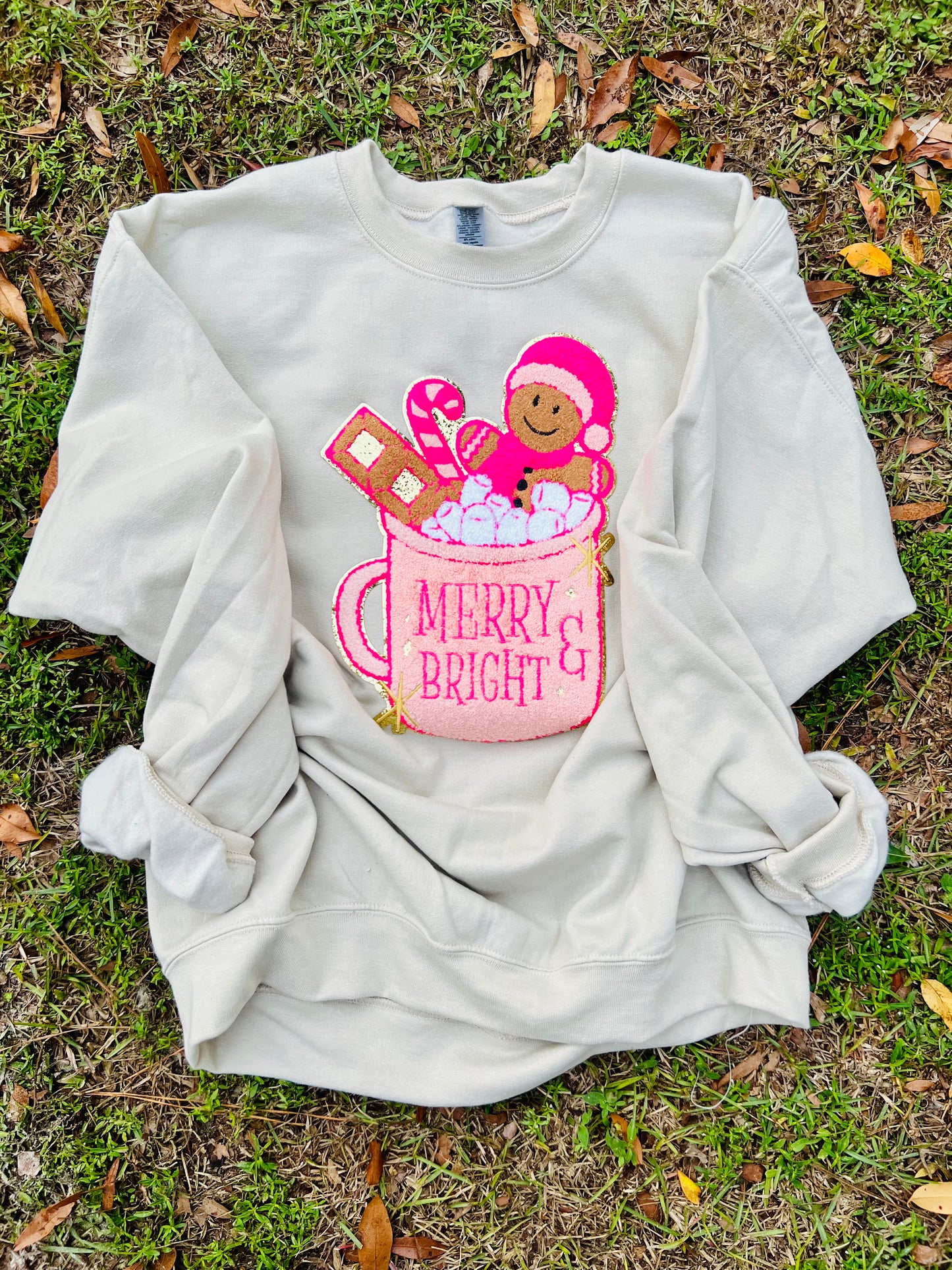 Preppy Pink Hot Coco Christmas Mug Chenille Patch Sweatshirt