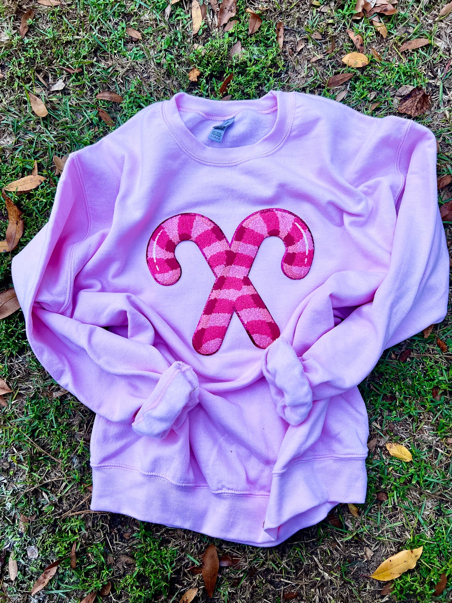 Preppy Pink Candy Cane Christmas Chenille Patch Sweatshirt