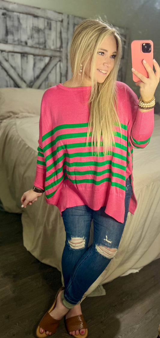 Multi Striped Elbow Patch Loose Fit Sweater Top