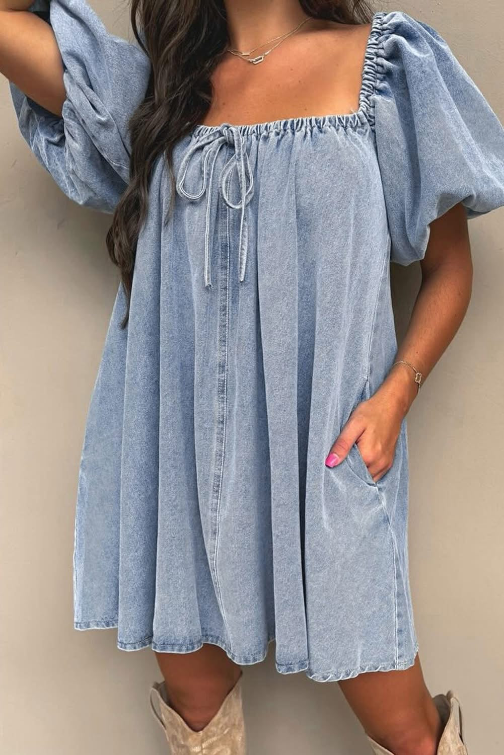 The Emerson Denim Balloon Sleeve Dress - Pre Order