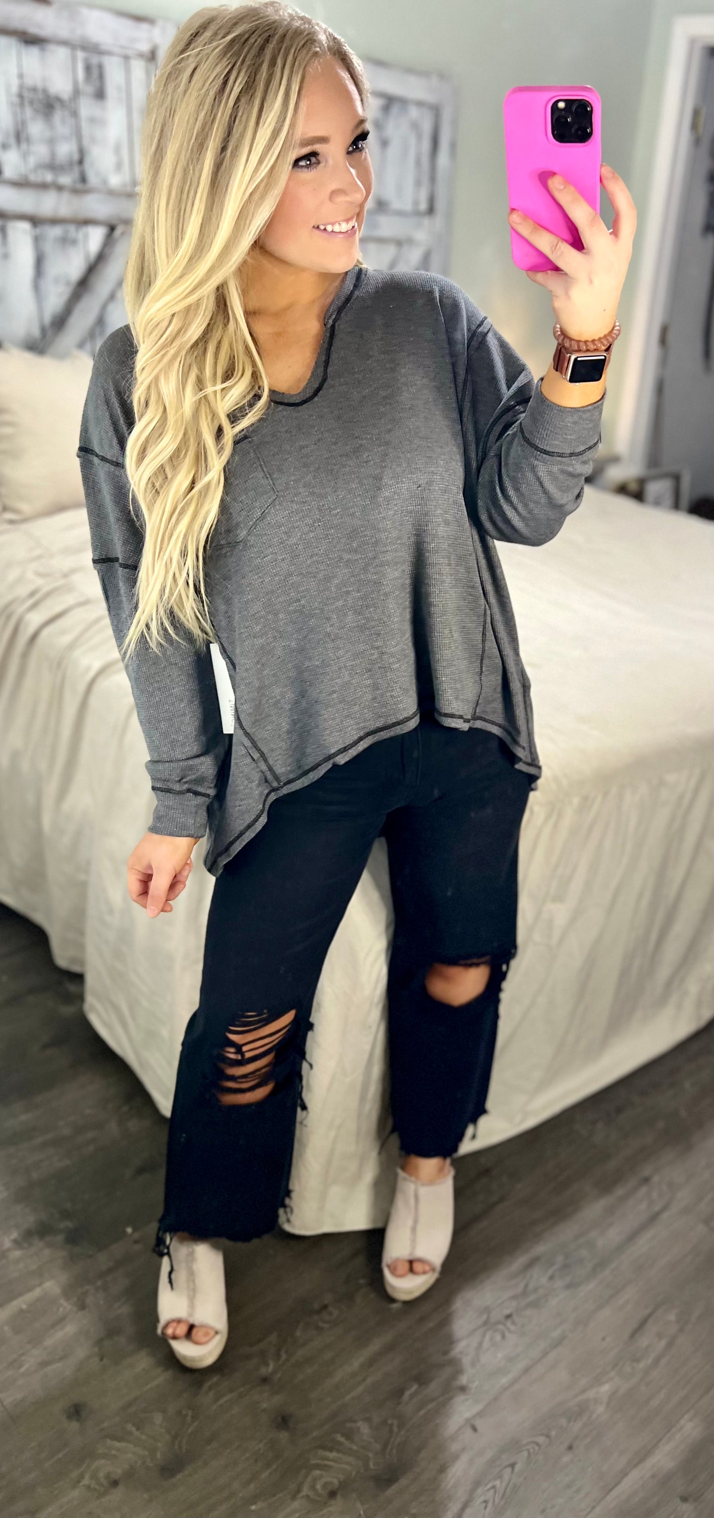 Thermal High Low V-Neck Oversized Top