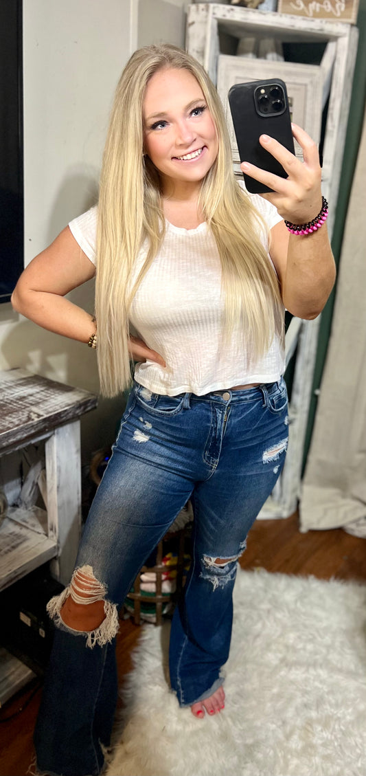 White Cropped Ribbed Tee