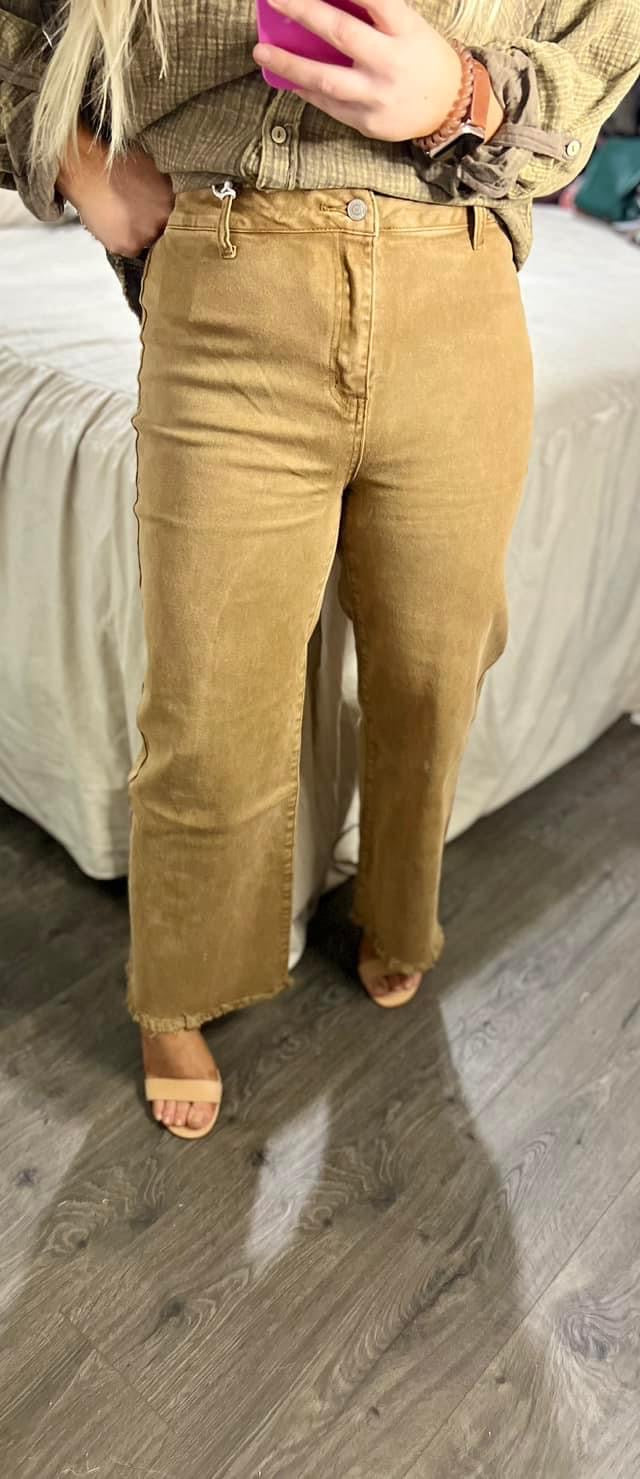 Acid Wash Frayed Cutoff Hem Straight Wide Pants