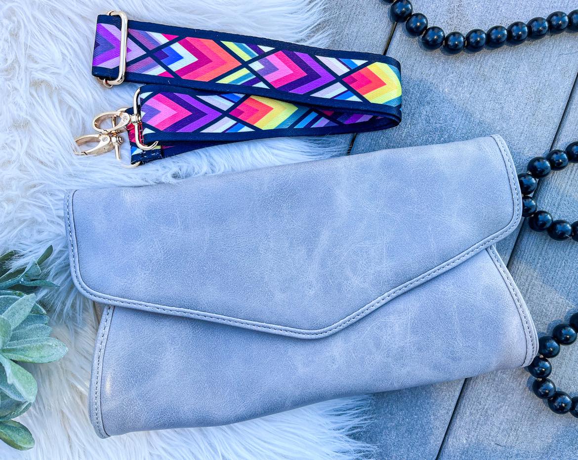 Clutch / Crossbody Vegan Leather Purse with the colorful strap!